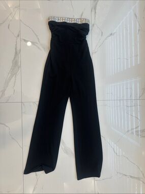 Fashion Nova Black Strapless Wide-Leg Jumpsuit with Rhinestone Trim